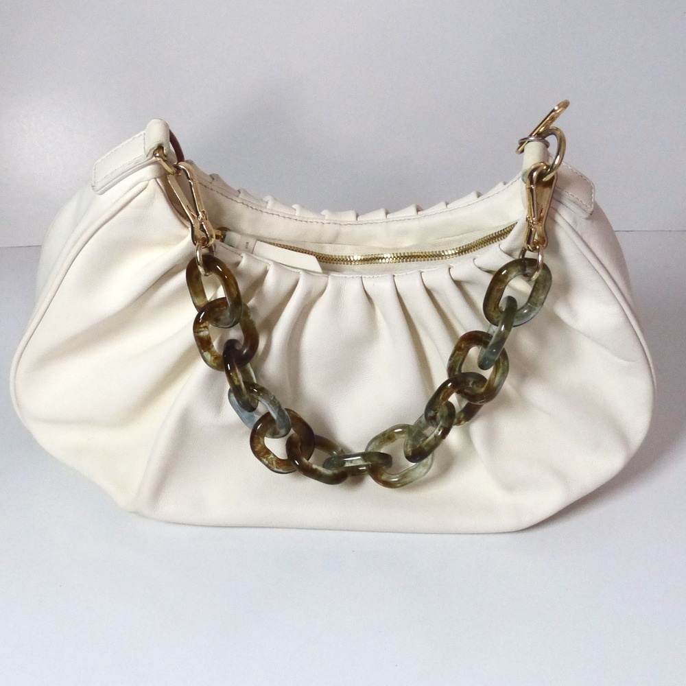 LDT Zoe Leather Hobo Shoulder Bag Purse Ruched Crescent Chain Link Acrylic Strap